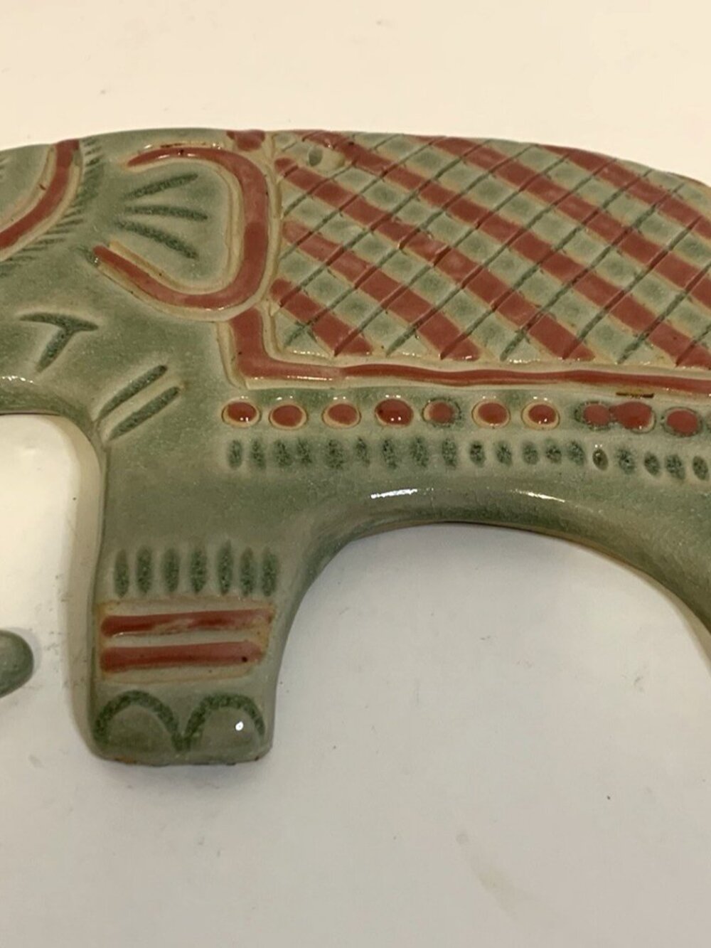 Vintage Hand Painted Ceramic Elephant Trivet Boho Wall Decor Olive Green & Pink